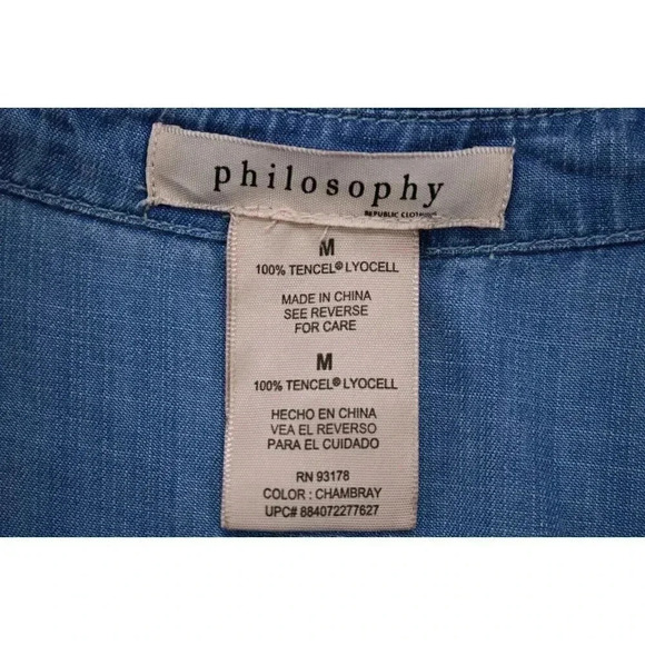 Philosophy-100% Tencel Shirt Dress-Chambray-Medium-Tabbed Sleeves-Pockets - Picture 3 of 7